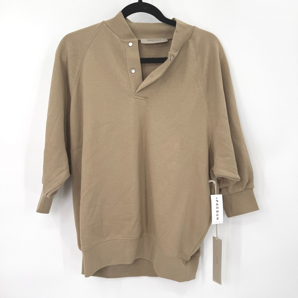 Fear Of God Essentials Henley Sweatshirt Women XS Tan Streetwear Oversized *Flaw